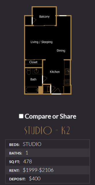 Floor plan for studio, 1 bath, 478 sqft